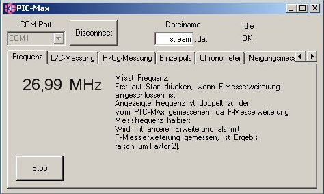 PIC-Max Software im Frequenz-Modus. Vermessung eines 27MHz Quarzes.
